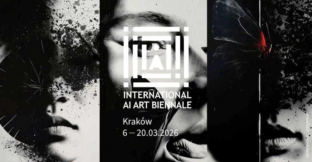 Plakat International AI Art Biennale to surrealistyczna, czarno-biała grafika składająca się z 3 paneli, które przedstawiają fragmenty twarzy i motyla z czerwonym akcentem. Na 