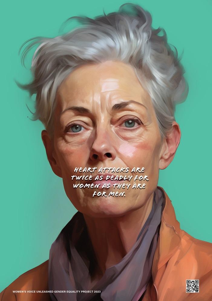 Grafika przedstawiająca portret kobiety w średnim wieku na jednolitym tle, w stylu malarskim. Na środku widnieje napis: zawał serca jest dwa razy bardziej śmiertelny dla kobiet niż dla mężczyzn.