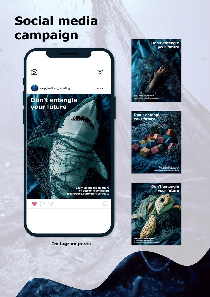 Grafika promująca kampanię na Instagramie, która walczy z niszczeniem środowiska naturalnego, mórz i mikroorganizmów.