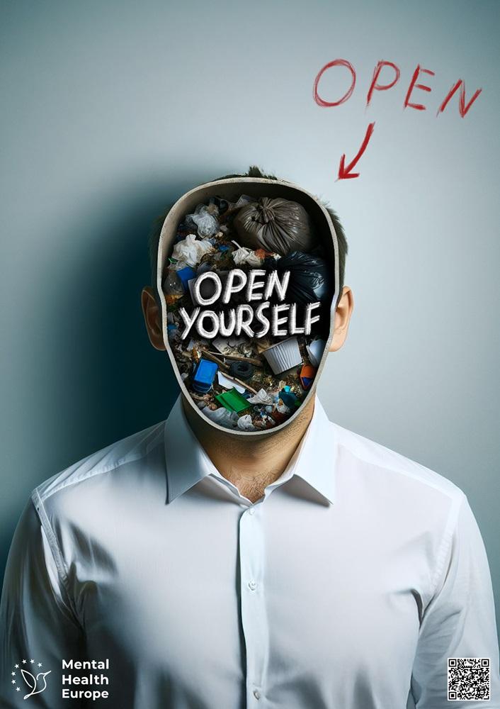 Portret człowieka z przepołowioną twarzą przypominającą pudełko pełne śmieci z napisem w języku angielskim - open yourself, czyli otwórz samego siebie.