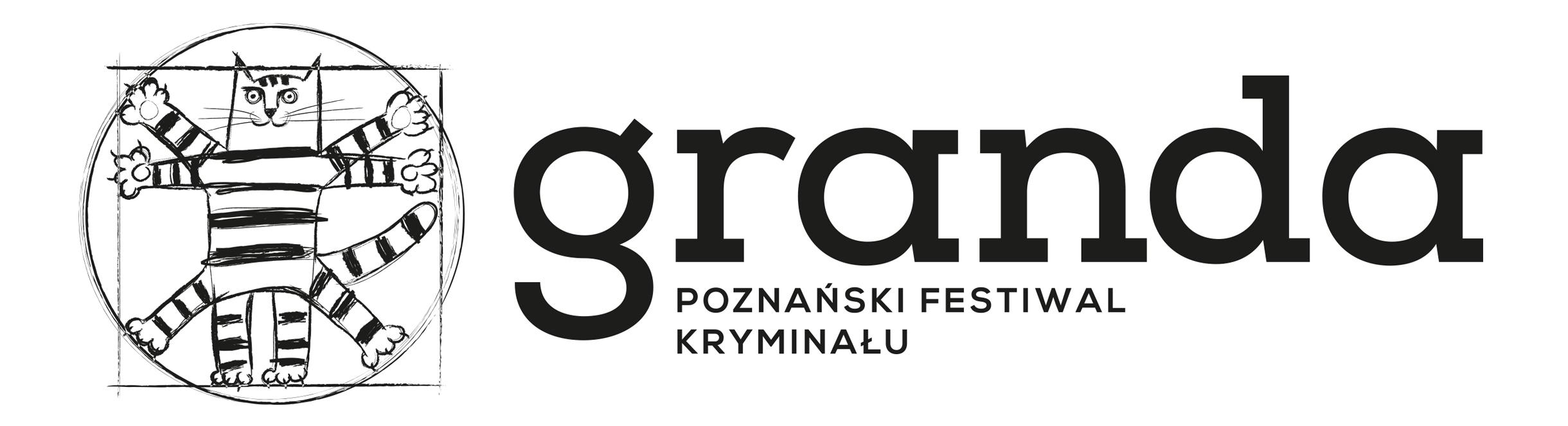 Logo Poznańskiego Festiwalu Kryminału "Granda" przedstawiające pasiastego kota wpisanego w okrąg i kwadrat, nawiązującego do rysunku Leonarda Da Vinci