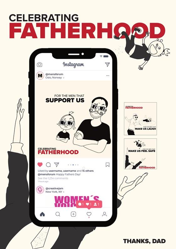 Grafika przedstawiająca ekran smartfona, z otwartą aplikacją instagram. Widać wrzucone tam post, przedstawiający rysunkowe postacie: ojca z córką, w takich samych koszulkach i okularach. Na grafice widnieją napisy "celebrujmy ojcostwo"