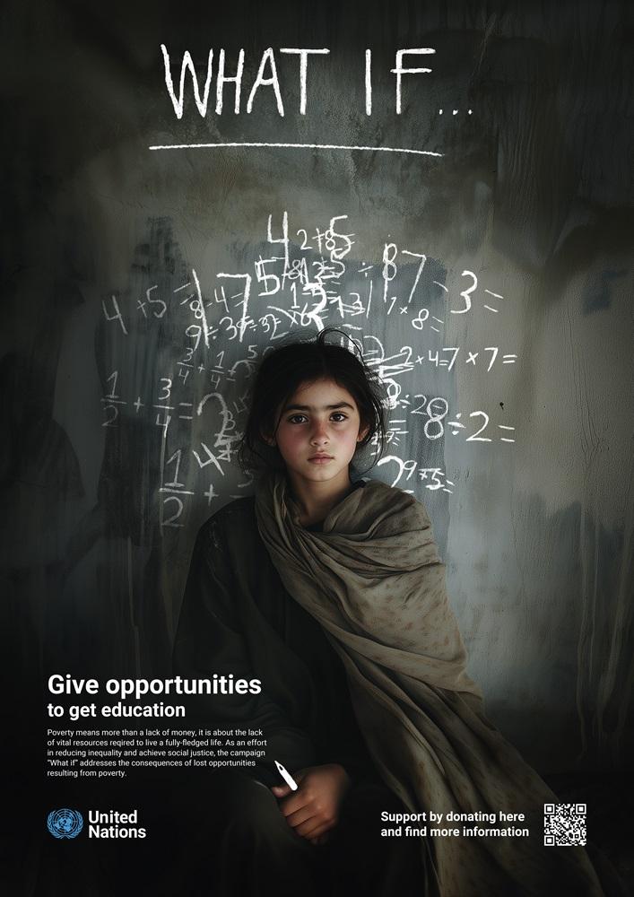 Grafika ukazuje dziewczynkę w za dużych ubraniach na tle tablicy z równaniami matematycznymi. Plakat promuje projekt What if, podkreślając brak dostępu do edukacji dla osób ubogich i z krajów rozwijających się.