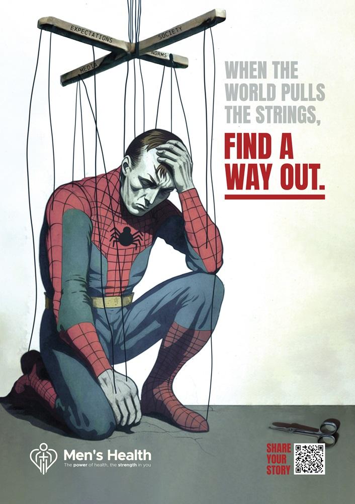 Grafika przedstawiająca mężczyznę w stroju spidermana. Jest podpięty pod sznurki, jak kukiełka. Jest to plakat promujący projekt zwracający uwagę zdrowie psychiczne mężczyzn.