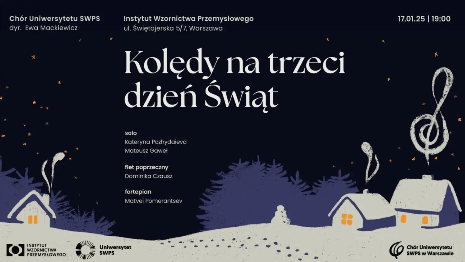 Plakat z zapowiedzią noworocznego koncertu Chóru USWPS w Instytucie Wzornictwa