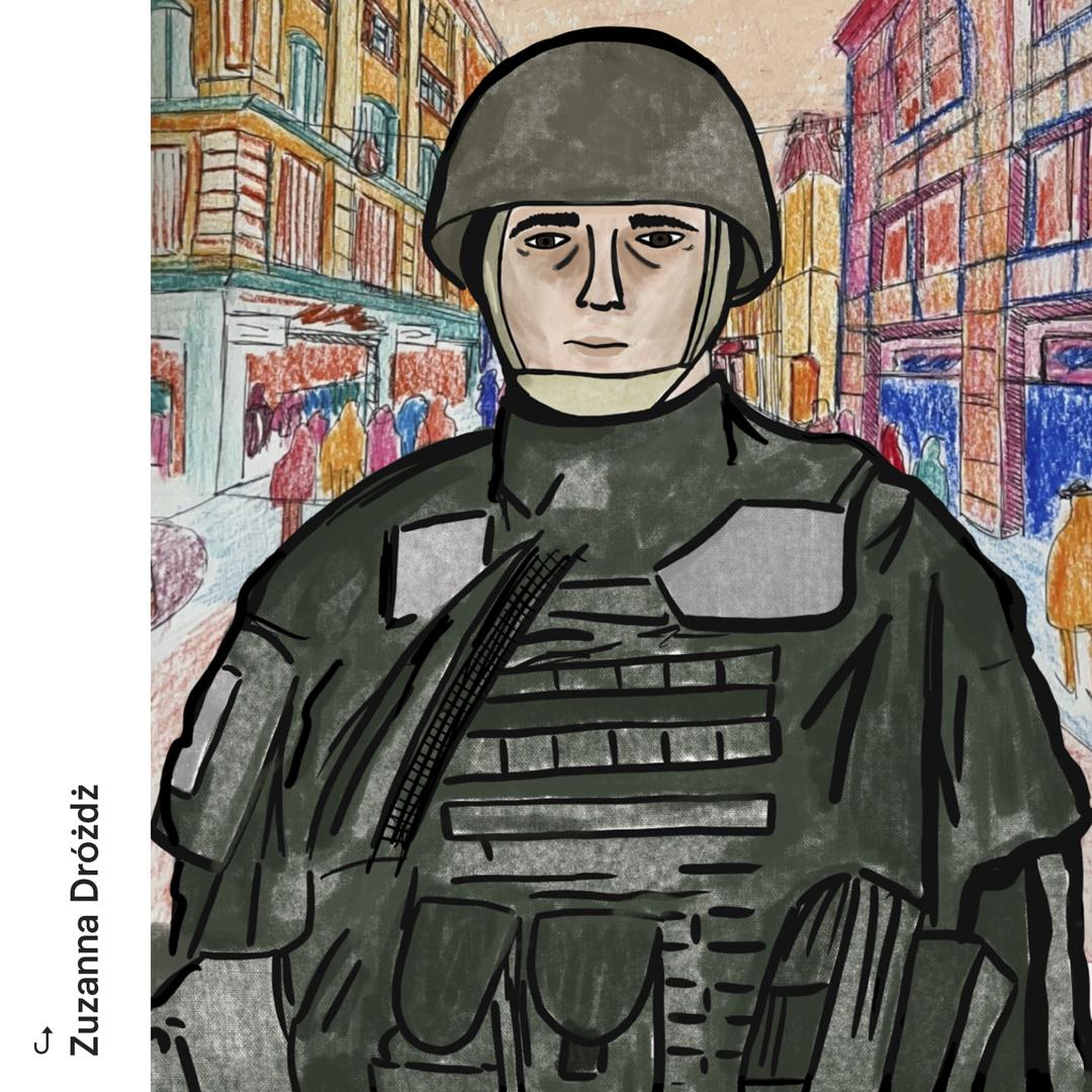 Portret żołnierza stojącego na środku ulicy, wyraża poczucie wyobcowania