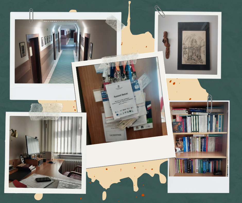 Zdjęcia z miejsca pracy profesora Ryszarda Balickiego. Pusty korytarz, komputer, identyfikatory z wydarzeń naukowych, regał z ksiązkami, obrazek i drewniana figurka na scianie