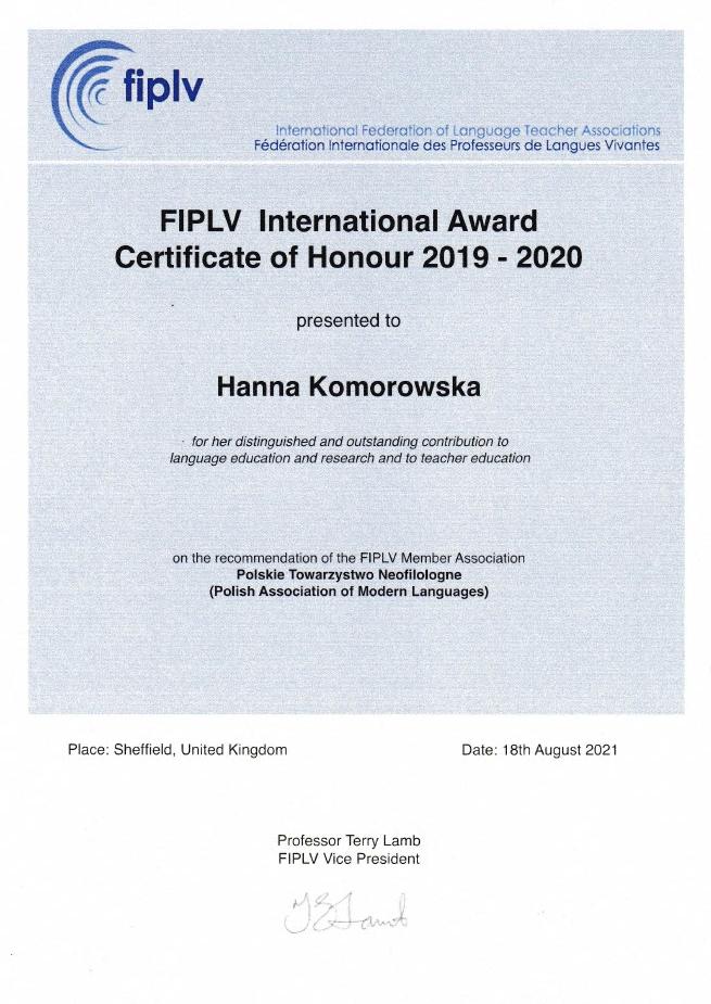 Certyfikat FIPLV International Award