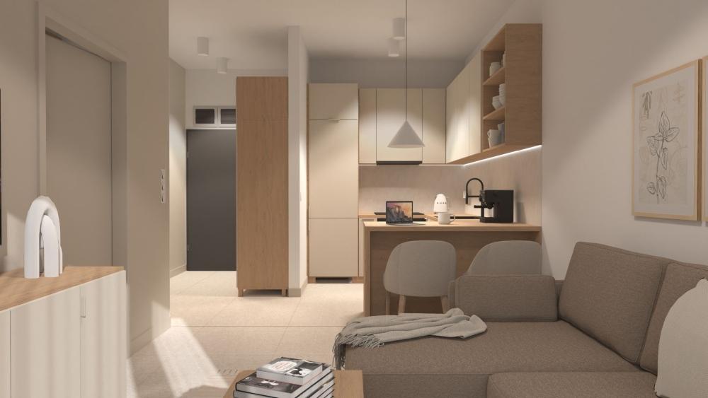 Wizualizacja: pokój dzienny w apartamencie dwuosobowym