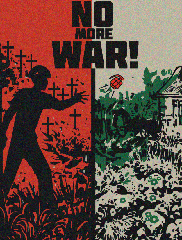 Zarys sylwetki człowieka rzucającego granatem. W tle zniszczenie i cmentarz. Na pierwszym planie napis "No more war"