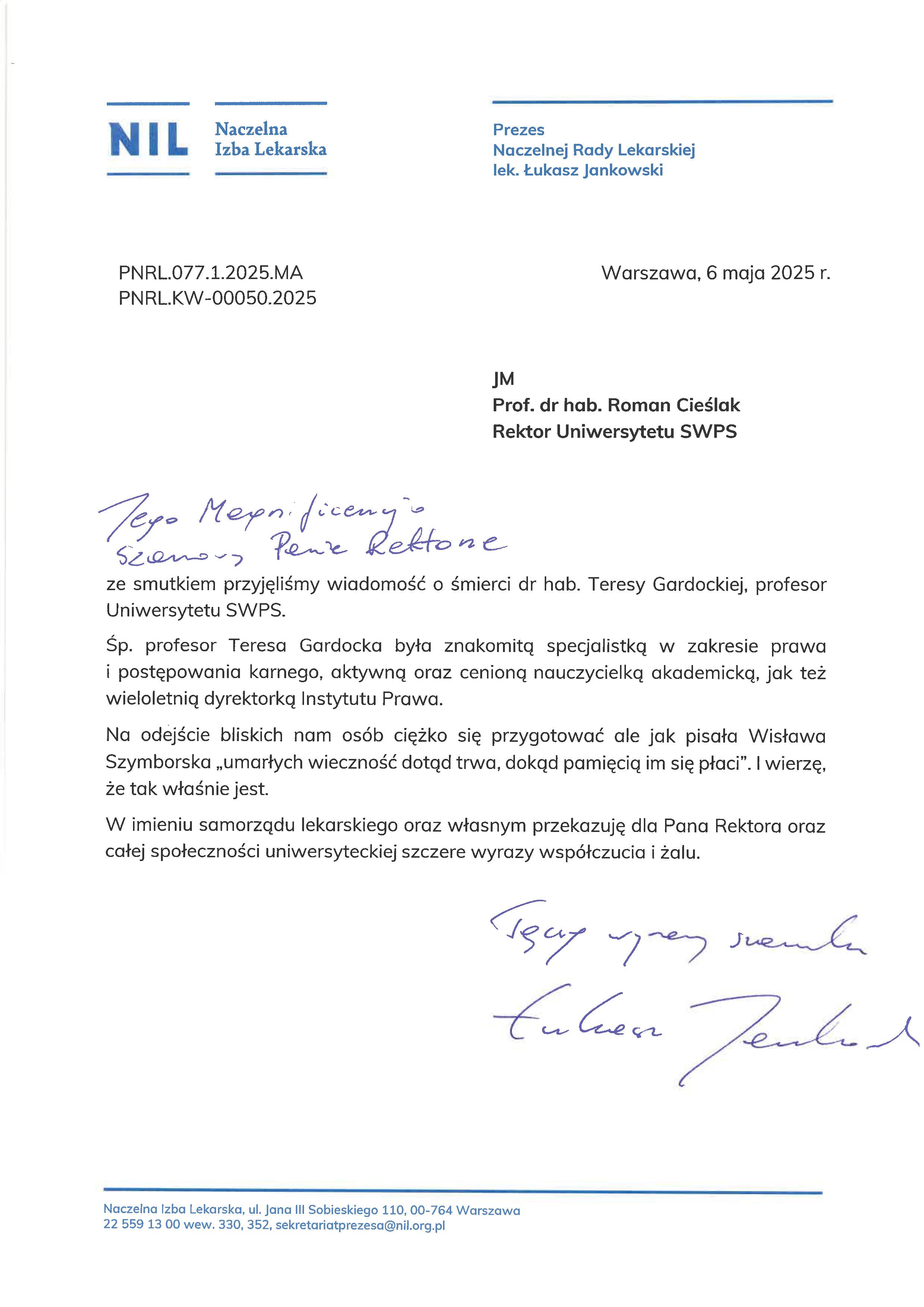 List kondolencyjny Prezesa Naczelnej Izby Lekarskiej w związku ze śmiercią profesor Teresy Gardockiej