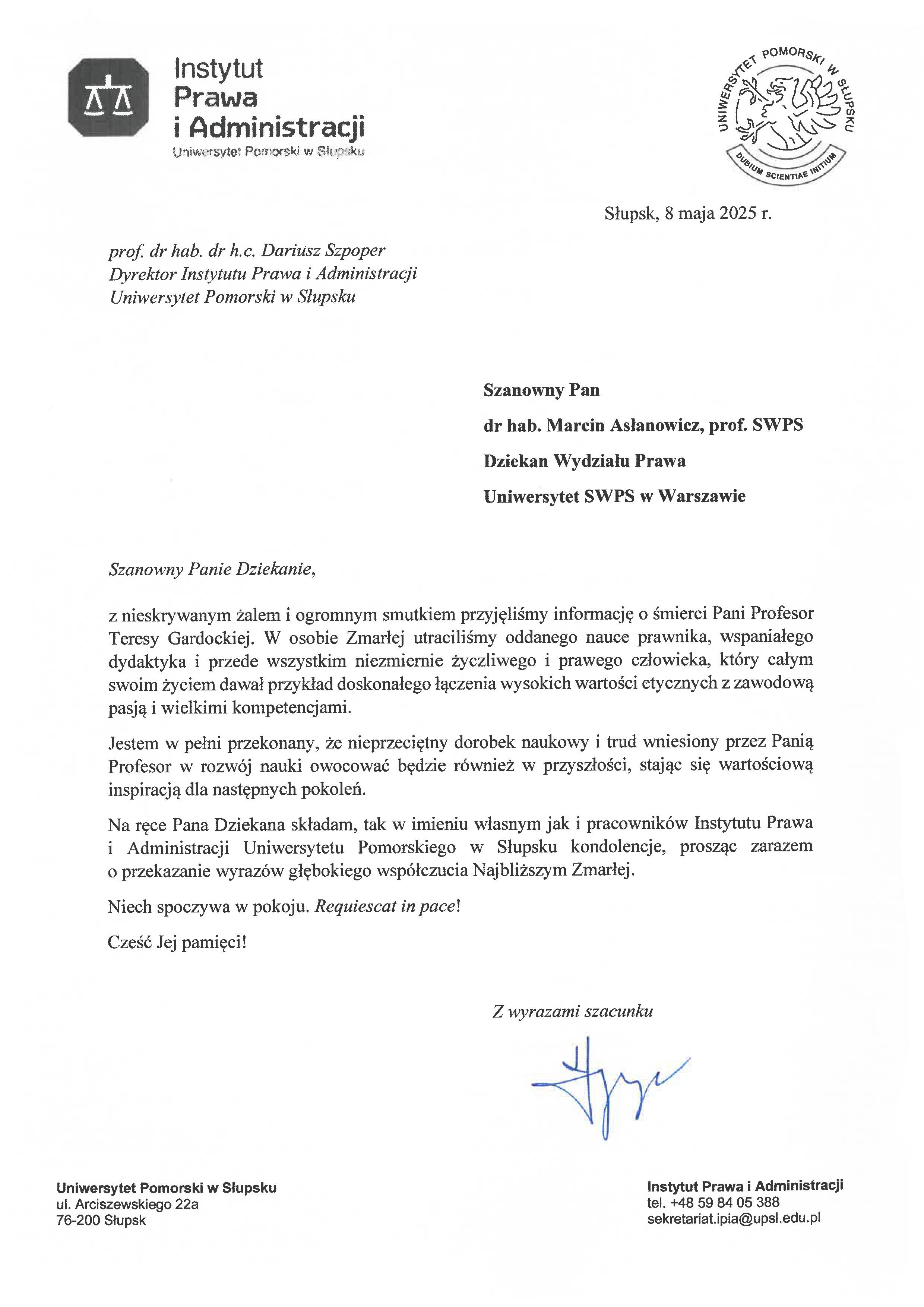 List kondolencyjny Dyrektora Instytutu Prawa i Administracji Uniwersytetu Pomorskiego w Słupsku w związku ze śmiercią profesor Teresy Gardockiej