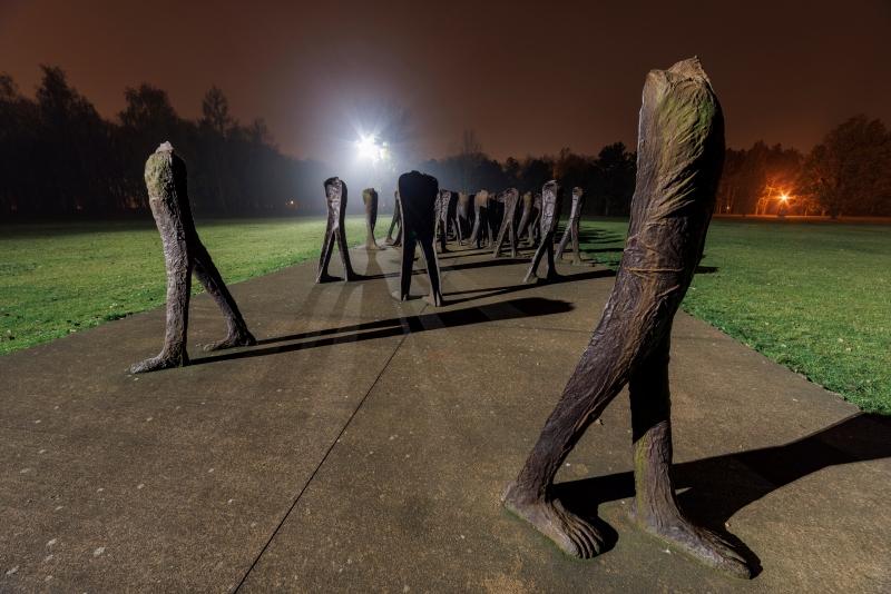 Grupa rzeźb Magdaleny Abakanowicz "Nierozpoznani" w poznańskim parku, zdjęcie nocne