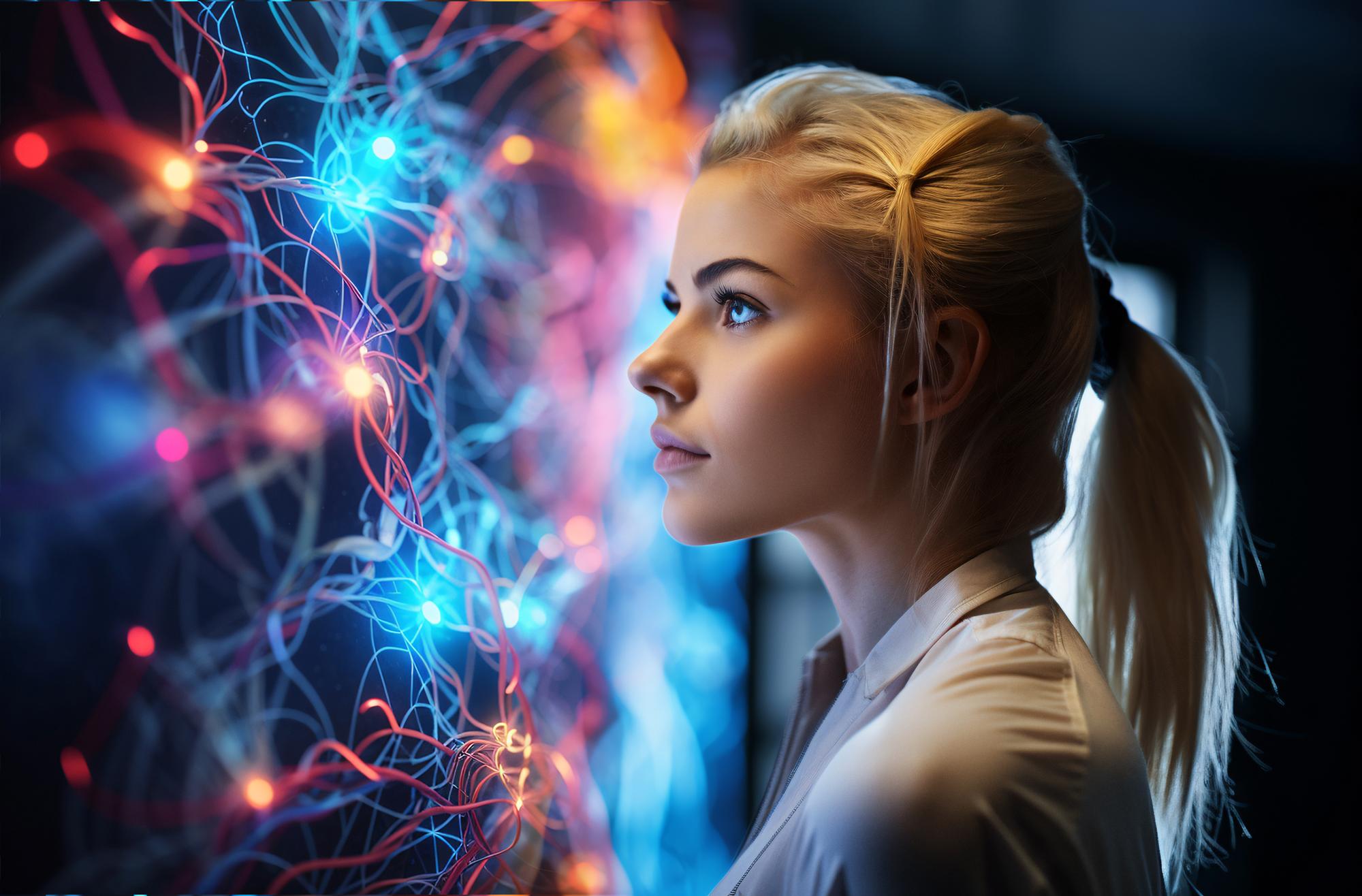 Młoda kobieta patrząca na grafikę symbolizującą sieci neuronowe
