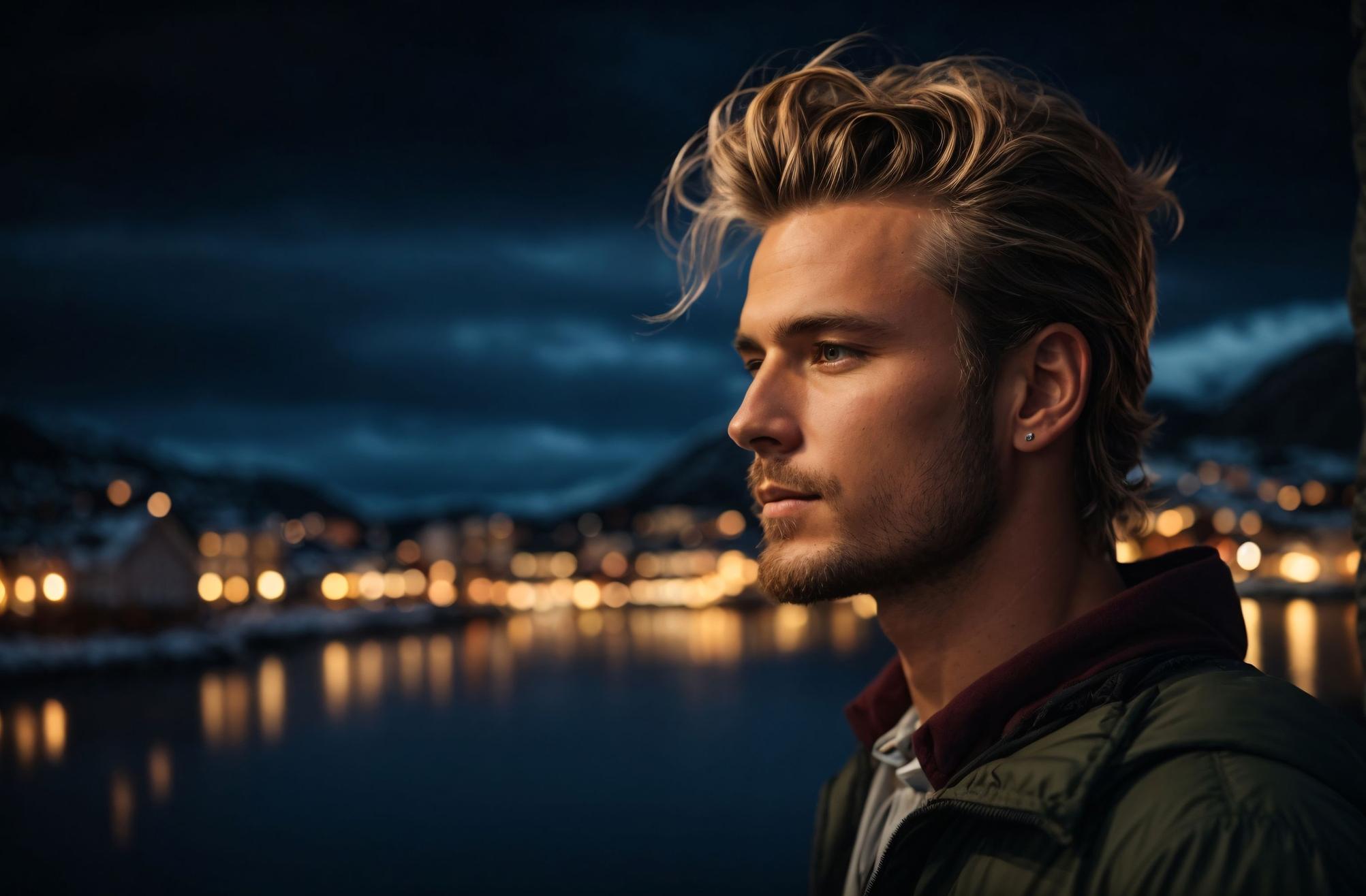 Młody mężczyna o jasnych włosach, w tle wieczorny krajobraz typowy dla Skandynawii