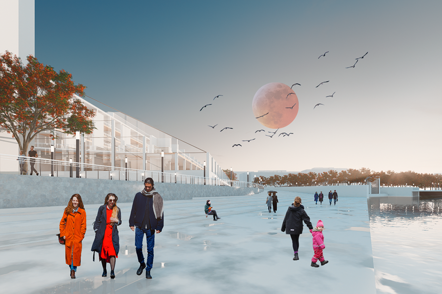 Wizualizacja projektu przedstawiająca Port Praski oraz wybudowane obok luksusowe apartamenty o bibliotekę publiczną. W porcie spacerują ludzie, na niebie świeci słońce, w tle widać drzewa z barwnymi liśćmi.