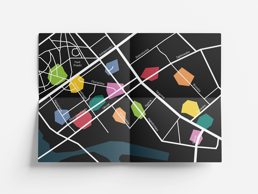 Minimalistyczna mapa pragi, w takiej samej oprawie graficznej jak karty - czarno biała z kolorowymi grafikami. 