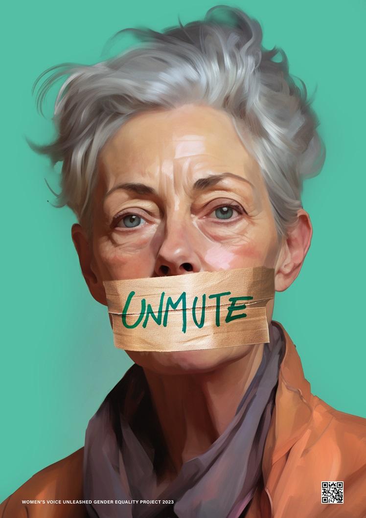 Grafika przedstawiająca portret kobiety w średnim wieku na jednolitym tle, w stylu malarskim. Ma zaklejone usta taśmą z napisem po angielsku "unmute her"